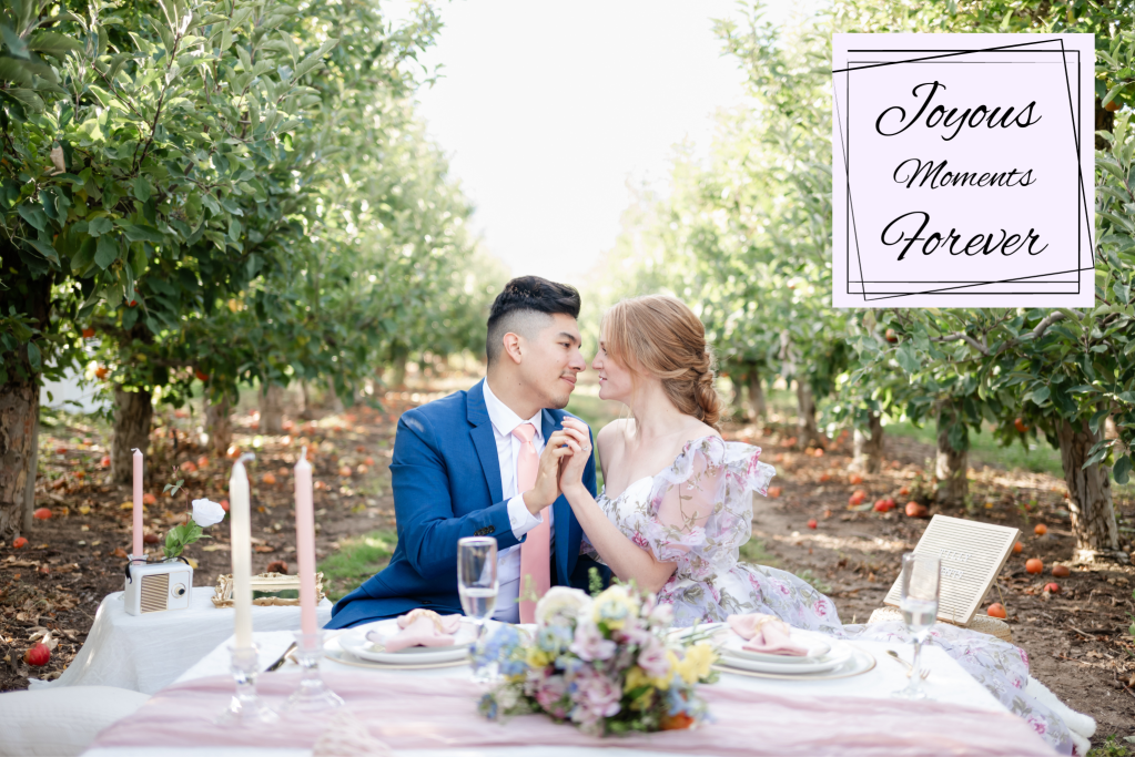 Picnic engagement photo in an orchard, by Shannon Eileen Photography